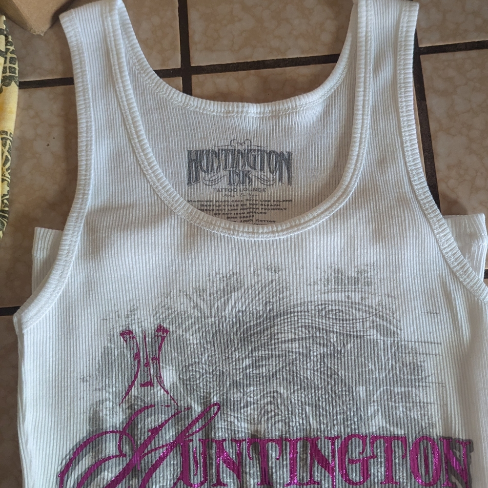 Huntington White Tank Top with Pink Graphic